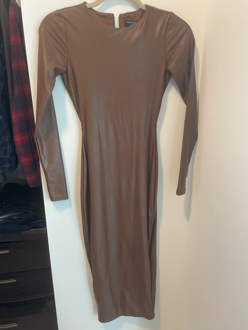 naked wardrobe Brown Long Sleeve Faux-Leather Bodycon Midi Dress